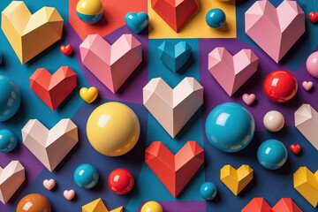 Scandinavian Style Geometric Art Featuring Hearts Spheres and Octagons in Vibrant Retro Fabric Design