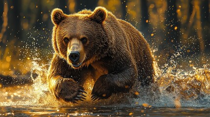 Brown bear running through autumnal water, forest background; wildlife photography