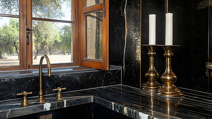 Luxurious kitchen countertop with brass candle holders, overlooking olive grove