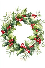 A watercolor illustration of a festive wreath with berries and leaves