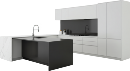 Modern kitchen design with dark gray island and white cabinetry sleek countertops and marble accent