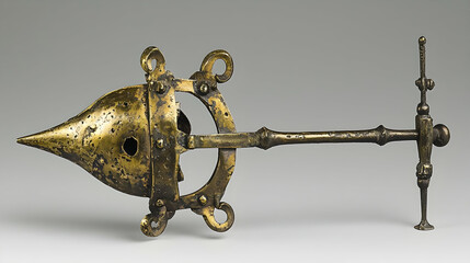 Medieval brass incense burner, side view, museum setting, religious ceremony background