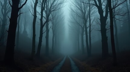 Obraz premium Spooky misty forest pathway lined with bare trees on a foggy day