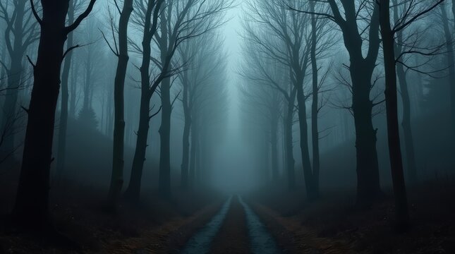 Spooky misty forest pathway lined with bare trees on a foggy day