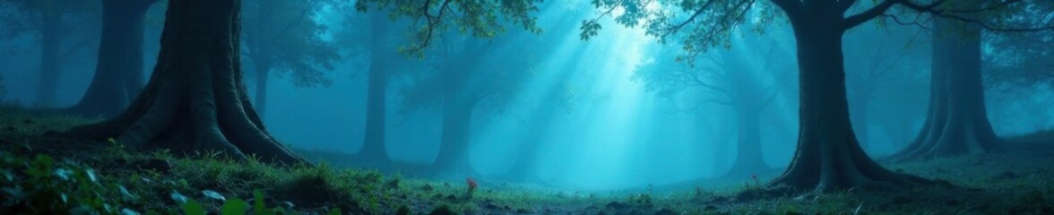 Fototapeta premium A gentle wave of light blue hue envelops a mystical forest, texture, soft blurred light blue, dreamy landscape