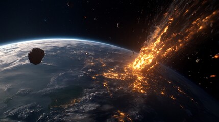 Obraz premium Cosmic collision: Asteroid impact on Earth, fiery destruction and chaos
