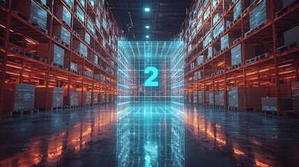 Warehouse inventory digital management system; efficient logistics; glowing number two; futuristic technology