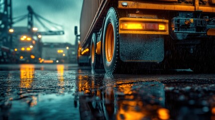 Heavy-duty truck in a port during a rain storm.  Close-up of the truck's rear tires and mud flaps, reflecting in wet pavement