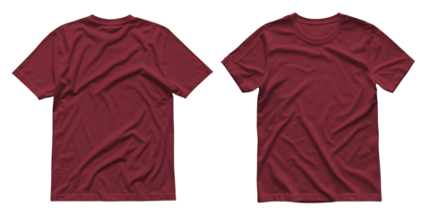 blank front and back maroon t shirt isolated on transparent background, short sleeve round neck tee mockup PNG, generative ai