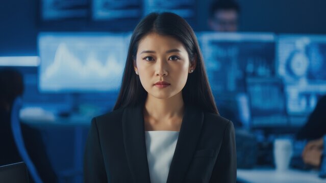 Confident and determined businesswoman in a modern financial office, analyzing data on digital screens, symbolizing leadership, professionalism, and success in the corporate world