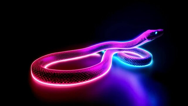 Neon illuminated snake slithering in vibrant dark ambience