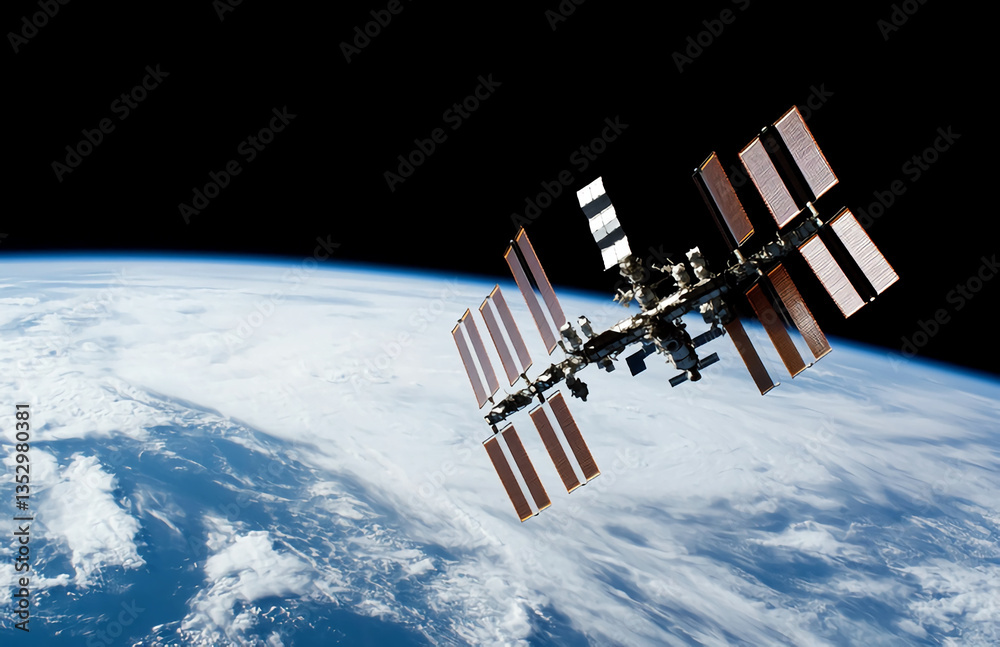 Wall mural international space station orbiting earth with solar panels visible against deep outer space backdr