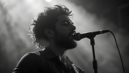 Male singer performs passionate song on stage captivating audience with powerful vocals and emotive presence black and white