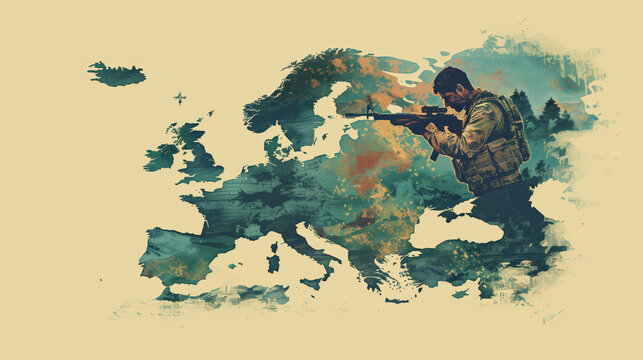 Ilustraci&oacute;n de soldado apuntando sobre mapa de Europa en acuarela