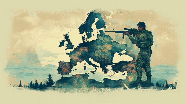 Ilustraci&oacute;n de soldado apuntando sobre mapa de Europa en acuarela