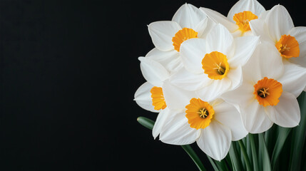 Fototapeta premium A vibrant bouquet features white daffodils with striking yellow centers, arranged elegantly against a dark backdrop, embodying the essence of spring