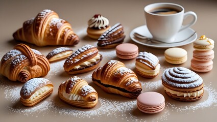 An elegant spread of classic French pastries, including croissants, éclairs, madeleines, and macarons, artistically placed on a warm, neutral background
