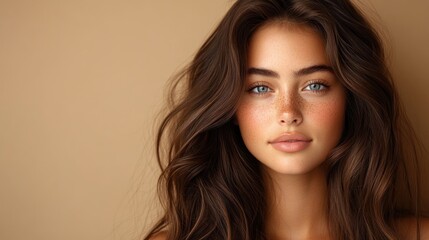 Naklejka premium Portrait of a Beautiful Woman with Freckles and Long Brown Hair