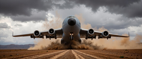 Military cargo plane touching down on rugged airfield, powerful intensity