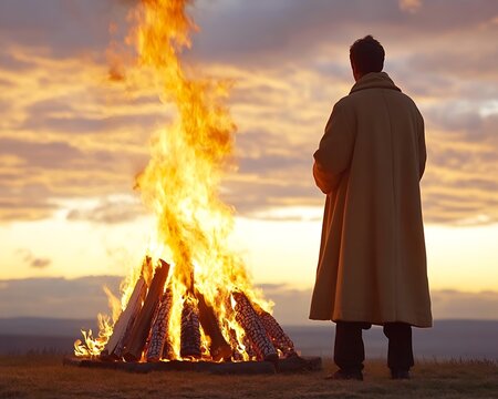 A solitary figure standing and observing a large burning fire