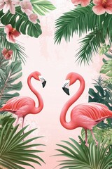 Obraz premium Two Pink Flamingos Surrounded By Lush Tropical Greenery And Flowers