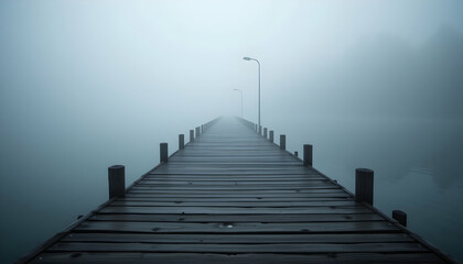 Fototapeta premium Foggy pier leading into the unknown evokes mystery and adventure perfect for travel and lifestyle brands