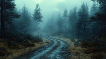 Obraz premium Enigmatic Foggy Forest Path: A Mystical Journey Through Nature's Embrace