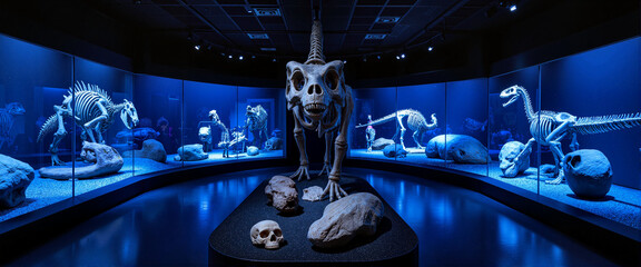 Dinosaur skeleton exhibit in dark museum hall, exploration of fossils