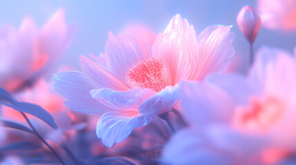 Delicate pink petals unfurl in a tranquil garden, illuminated by the soft glow of twilight. The peaceful atmosphere invites reflection and admiration of nature