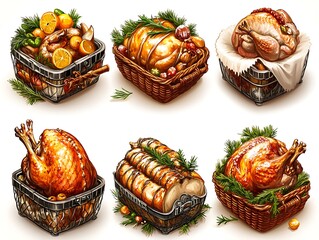 Several appetizing roasted poultry dishes are displayed in baskets