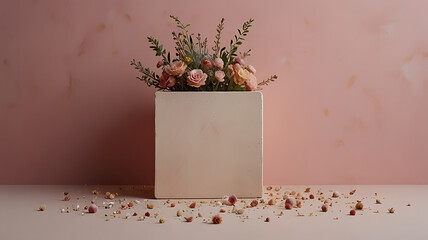 Delicate Flowers in a Square Vase with Scattered Petals and Stones

