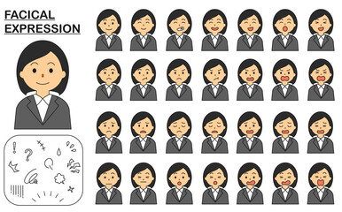 喜ぶ、怒る、悲しむ、驚く、笑う、楽しい、困惑する、困る、落ち込む、焦る、慌てる、がっかりするスーツを着たビジネス、就活、転職をするの女性の顔、表情のセット