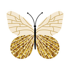 Cream and gold butterfly with glitter texture and geometric wing design. Sophisticated insect in minimal flat style. Elegant golden bug illustration for decorative spring and summer projects.