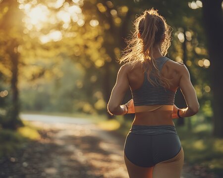 Woman Jogging on Forest Trail at Sunrise