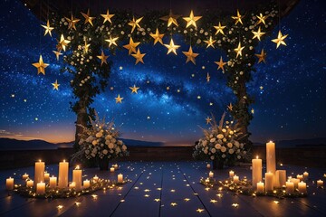 Fototapeta premium Celestial Blue Sky Background with Golden Stars for Nighttime Celebrations