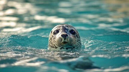 A spotted seal emerges from a tranquil sea of blue water