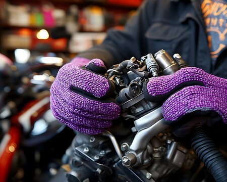 A person is holding engine components wearing purple gloves