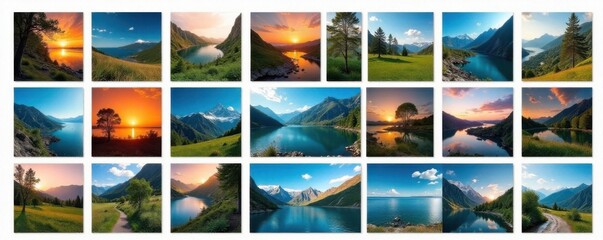 Collage of different-sized square and rectangular frames containing natural scenery and abstract compositions, nature photography, photo collage