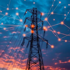Fototapeta na wymiar Tall metal electricity pylon with orange data network connections