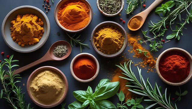 turmeric, paprika, and cumin in small ceramic bowls. Include fresh herbs like rosemary, thyme, and basil.