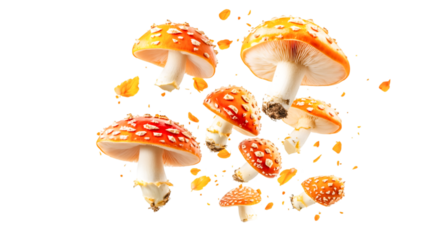 Vibrant Autumn Mushrooms Falling Gracefully Magical Forest Fantasy