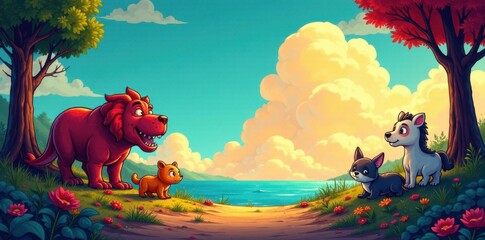 Colorful comic strip scene with cartoon animals, animals, illustration