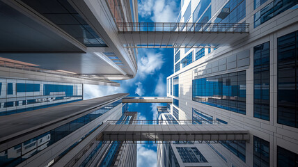 Modern city architecture connecting sky-high buildings Urban design glass and steel