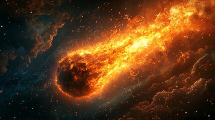 Fiery asteroid hurtling through space, cosmic fire.