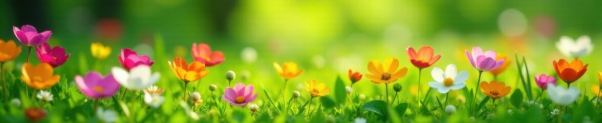 Colorful floral blooms in a lush green meadow, flora, blooming flowers, colorful flowers