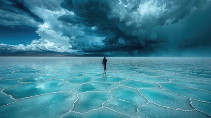 Solitary figure walking on a vast salt flat under a dramatic stormy sky; serene landscape, ideal for travel or adventure themes