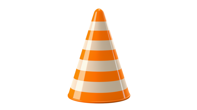 A single traffic cone with orange and white stripes isolated against a black backgroundisolated on transparent background