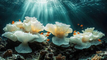 Sunbeams illuminate vibrant coral reef; orange fish swim near white anemones; underwater scene; ideal for nature documentaries
