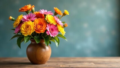 Colorful Flowers in Wooden Vase on Simple Wooden Table, spring flowers, fresh flowers, natural beauty
