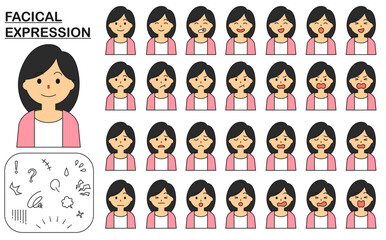 喜ぶ、怒る、悲しむ、驚く、笑う、楽しい、困惑する、困る、落ち込む、焦る、慌てる、がっかりする、黒髪の女性の顔、表情のセット